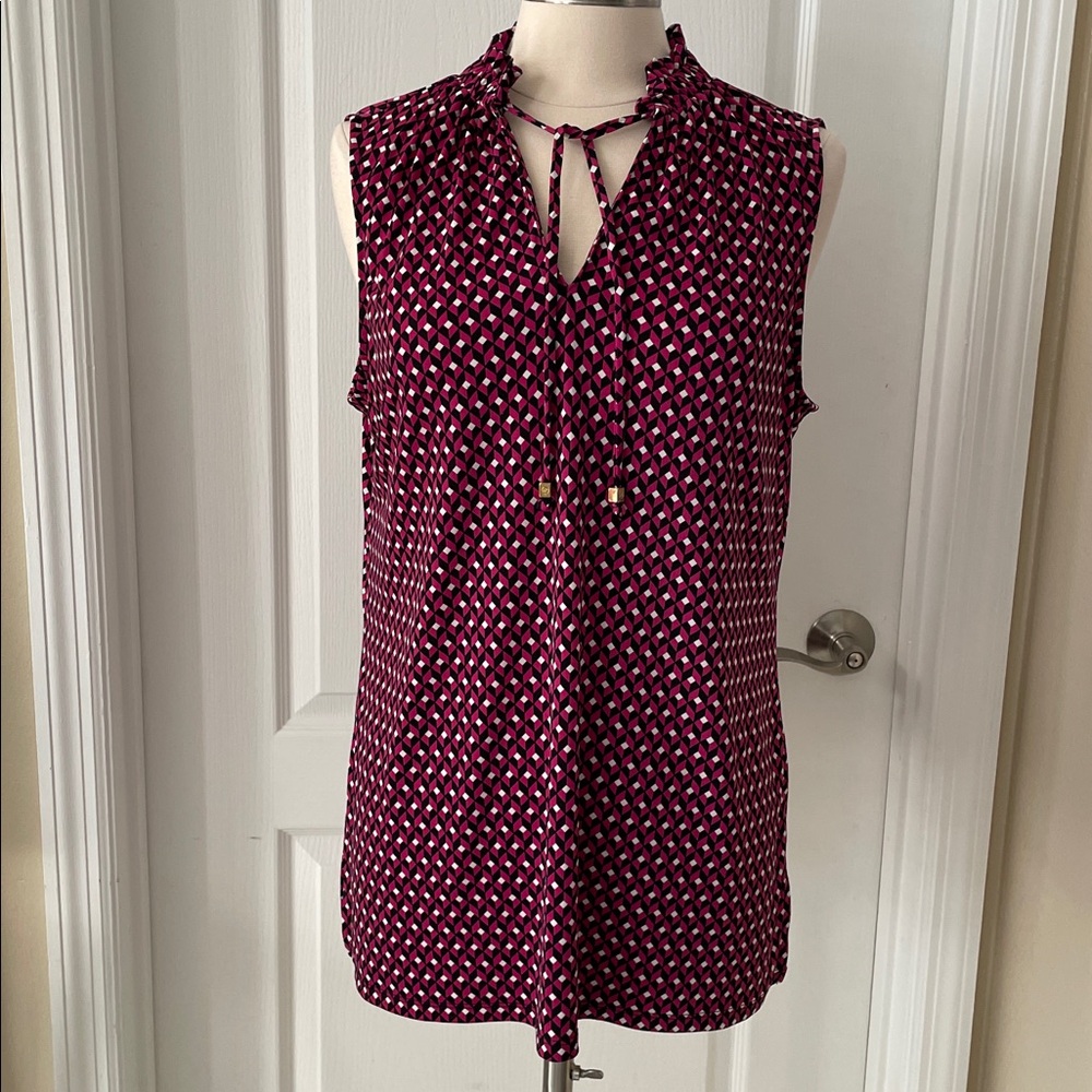 Michael Kors Sleeveless Top Large Stand Up Collar V Neck Tie